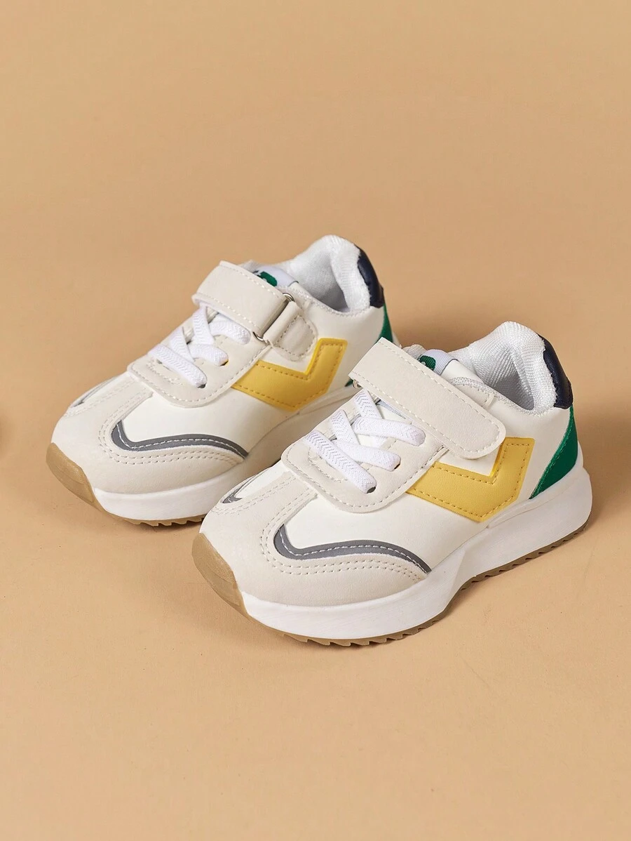 1 Pair Boys/Girls Classic European Style Hook And Loop Design PU Sneakers, Suitable For All Seasons - Yellow - View 1