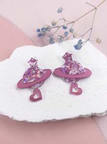 1 對甜美時尚閃光星星、星球、光滑空心心形壓克力吊墜耳環。送給女孩的精美情人節禮物