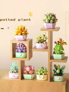 帶擬真多肉盆栽裝飾的積木拼圖玩具,教育智力拼裝玩具 - 杏色 - 查看 5