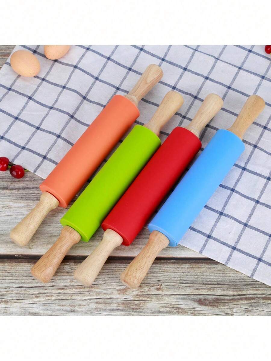 Baking Tool 8-inch Wooden Rolling Pin With Non-stick Silicone Surface & Handle - Multicolor - View 1