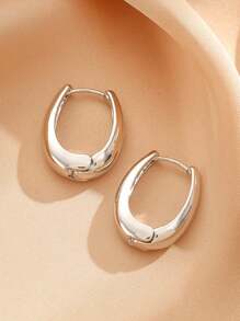1pair Glossy Metallic Geometric Oval Shape U Hoop Earrings For Women Vintage - Antique Silver - View 1