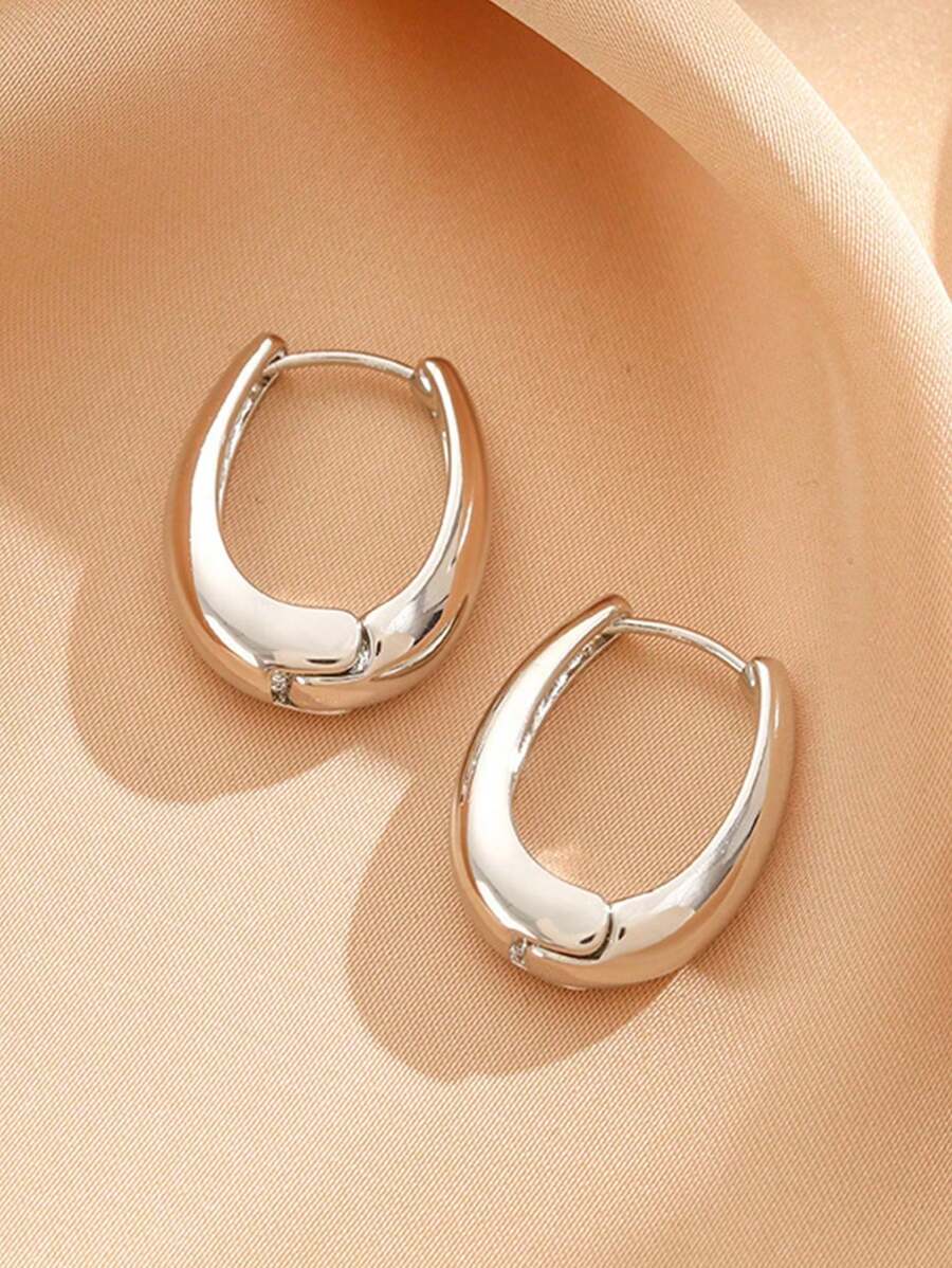 1pair Glossy Metallic Geometric Oval Shape U Hoop Earrings For Women Vintage - Antique Silver - View 1