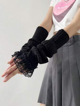 1 Pair Women's Black Lace Edge Arm Sleeves, Autumn & Winter Warm Knit Knitted Gloves, Lolita Princess Style, Suitable For Dating/Daily Wear Cold Gloves Y2k Valentine's Day