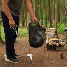 1入組戶外便攜式折疊式垃圾袋架,帶有四個掛鉤,可在野餐/燒烤時進行乾/濕廢物分離 - 銀色 - 查看 3