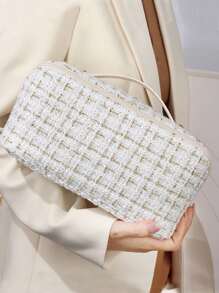 格子旅行化妆包，1个大容量时尚洗漱包，带提手，多功能化妆品收纳包，便携式化妆刷收纳手拿包，拉链封口，可收纳口红、化妆刷、手机、零钱等，适合居家、旅行和上学使用。化妆收纳包，圣诞礼物，旅行必备，女士旅行必备，手拿包/小手提包，化妆品收纳包，化妆刷收纳包，迷你收纳包，大容量收纳包，女士礼物，圣诞礼物，女士礼物创意 - 白色 - 查看 6