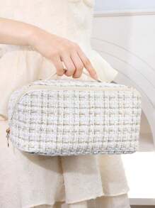 格子旅行化妆包，1个大容量时尚洗漱包，带提手，多功能化妆品收纳包，便携式化妆刷收纳手拿包，拉链封口，可收纳口红、化妆刷、手机、零钱等，适合居家、旅行和上学使用。化妆收纳包，圣诞礼物，旅行必备，女士旅行必备，手拿包/小手提包，化妆品收纳包，化妆刷收纳包，迷你收纳包，大容量收纳包，女士礼物，圣诞礼物，女士礼物创意 - 白色 - 查看 5