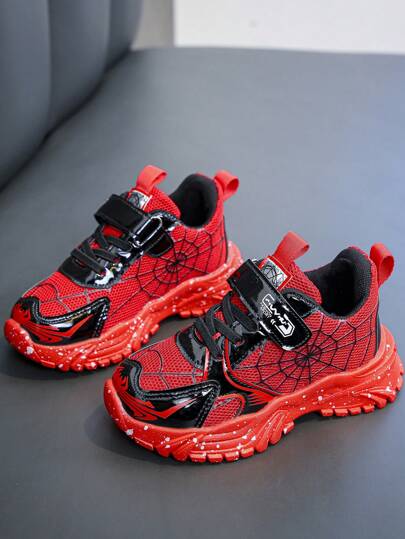 1pair Kids Boys Spider Web Soft Sole Sports Shoes Hook And Loop Closure Sneakers, Casual Trainers