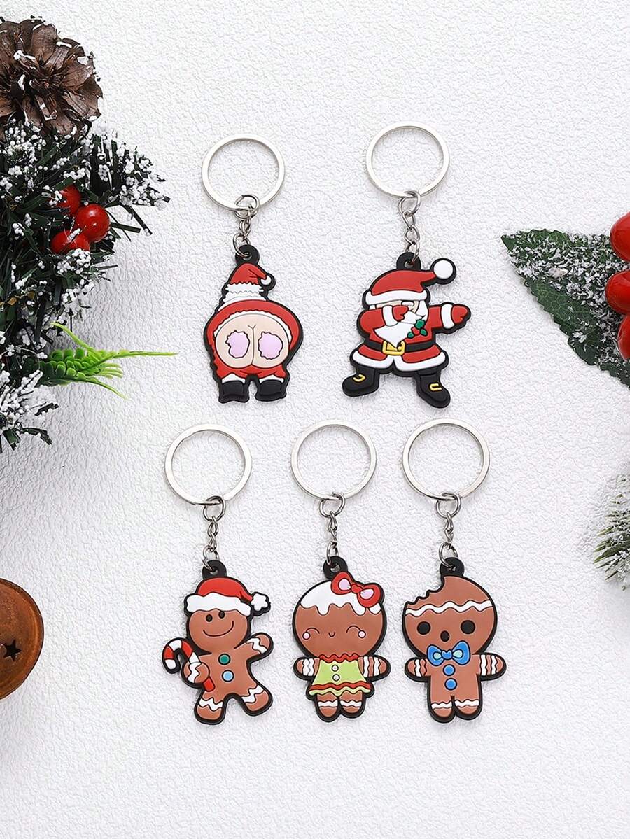 3pcs Women's Cute Cartoon Christmas Gingerbread Man Design Pvc Rubber Keychain For Backpack Keyring Pendant Accessories - Multicolor - View 1