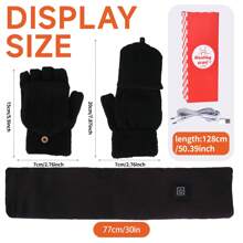 2件usb加熱手套和usb加熱圍巾無指手套,適用於男女冬季戶外活動,贈品盒裝 - 黑色 - 查看 2