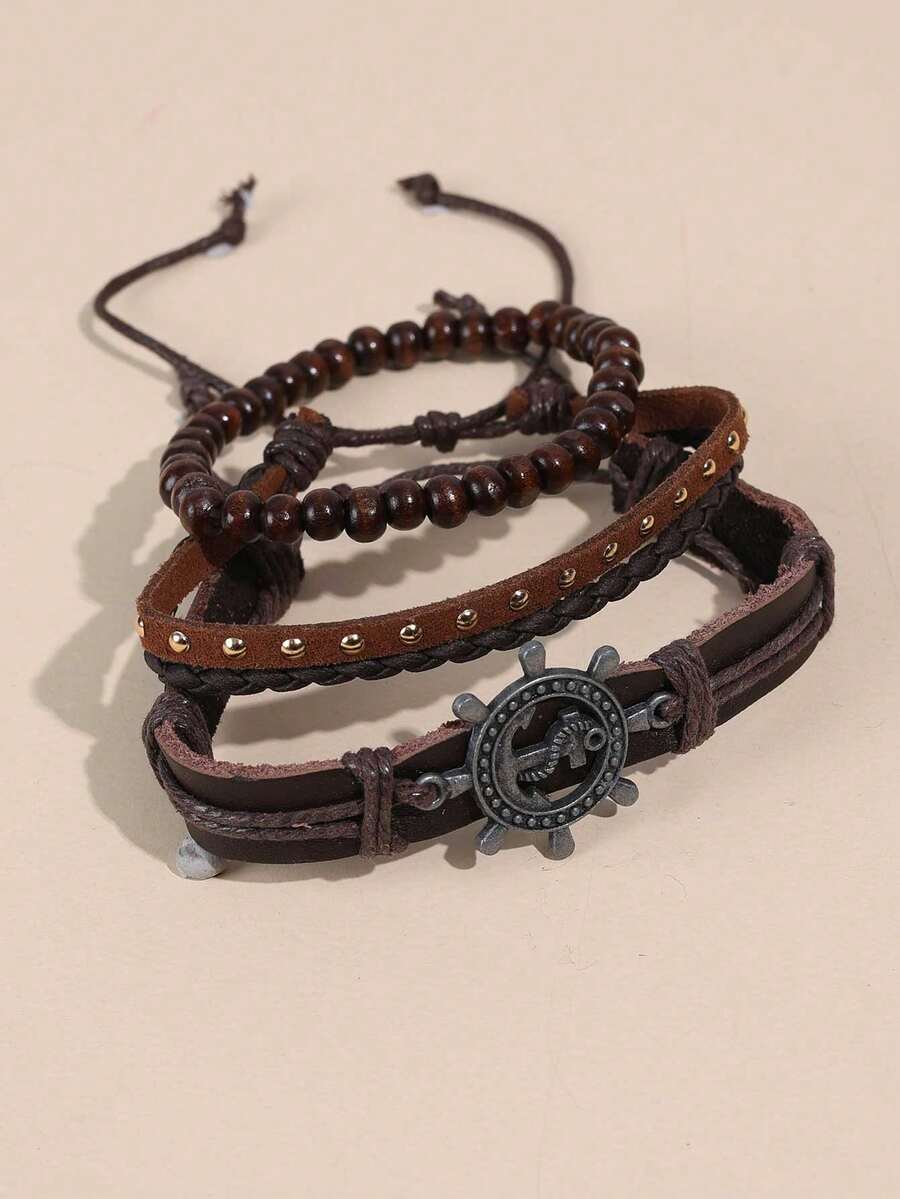 3入組西方風格男士船錨&舵時尚手鍊,合適的適用於日常穿著,首飾類禮品和派對