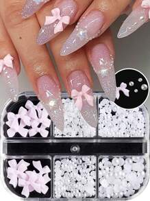 Decoraciones para arte de uñas con perlas blancas de media esfera, tapa plana, de diferentes tamaños, con strass y lazos - Multicolor - Ver 1