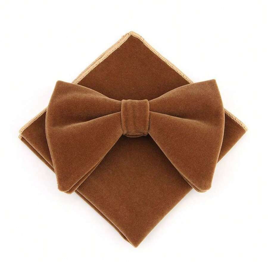 時尚男士純色駱駝絨蝴蝶領結和口袋方巾套裝,蝴蝶結,適用於新郎、婚禮、派對、節日、西裝配件