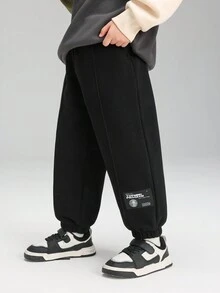 Young Boys Thickened Fleece Sweatpants With Letter Patch, Winter - Black - View 3