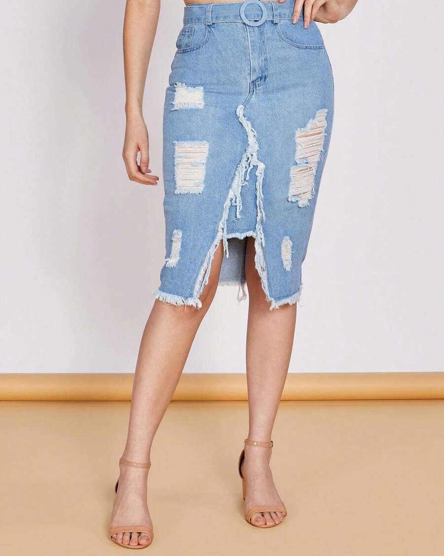 Women's Denim Skirt / High Waist / Distressed Denim With Slit / With Pockets / With Zip And Buttons / With Belt - Medium Wash - View 1