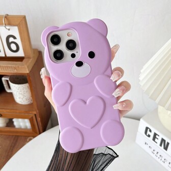 1入組糖果色粉紅色矽膠熊形手機殼,兼容iphone