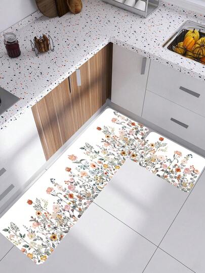 1pc Floral Soft Kitchen Rug, Cushioned Anti-Fatigue Kitchen Rug, Spring Flowers Waterproof Non-Slip Kitchen Mats And Rugs, Runner Rug, Bedside Rug, Super Absorbent Machine Washable Floor Mat For Kitchen, Home, Office, Sink, Laundry ,Room Decor