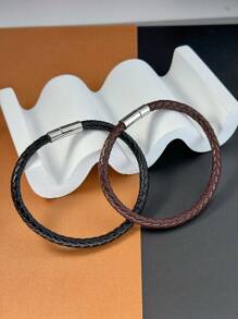 2pcs/pack Modern Popular Men's Bracelets For Jewelry Accessory, Simple & Chic Look, Buckle Design Leather Rope Bracelet - black plus brown - View 2