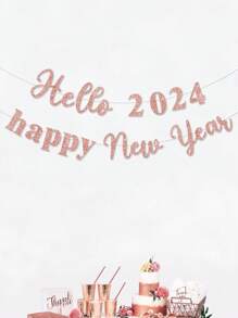 1pc Hello 2026 Happy New Year Banner, New Year Party Decoration Flag - Rose Gold - View 1