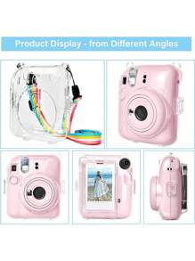 适用于 Insta X Mini 12/Mini 12 相机的透明保护壳 - 硬质 PVC 保护壳，透明，带后置照片袋和彩虹肩带（不含相机）