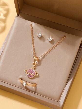 4入組/套粉紅色星空主題鑲鑽珠寶套裝