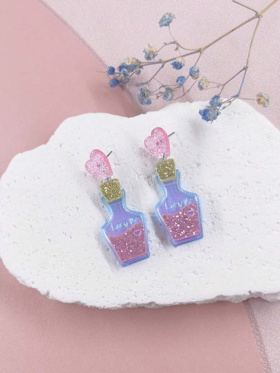 1 đôi Dễ thương & vui tươi Màu hồng Long lanh Hình trái tim Ly Chai Với & Acrylic Chữ cái Vật rủ xuống Hoa tai , Lãng mạn Ngày lễ tình nhân Qủa tặng Dành cho Cô gái - Nhiều màu - Xem 1