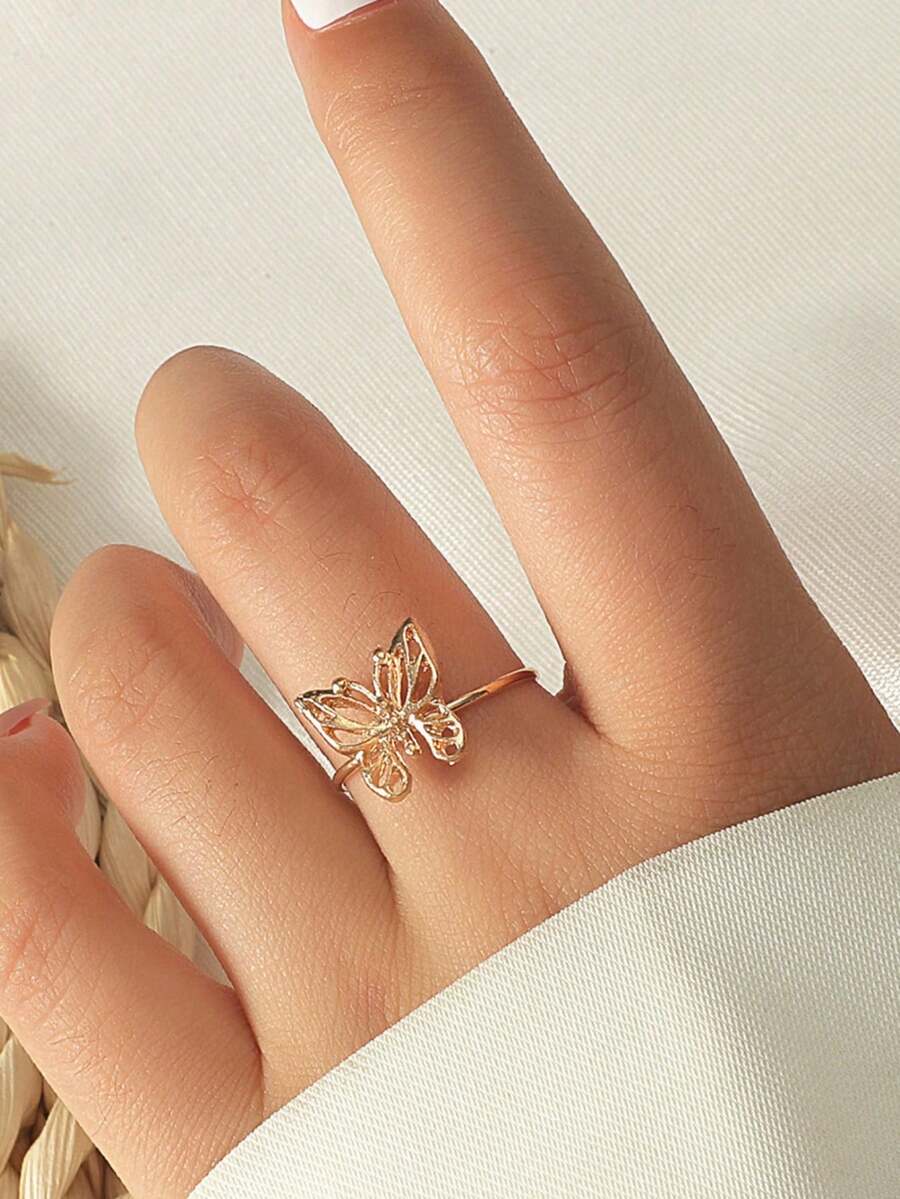 1pc Fashionable Simple Metallic 3d Hollow Out Butterfly Design Open Ring Suitable For Women's Daily Wear - Yellow Gold - View 1