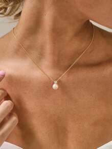 1pc Dainty Faux Pearl Zirconia Pendant Necklace Winter Sweater Necklace For Women S925 Sterling Silver Fine Ladies Jewelry Gift - White - View 5