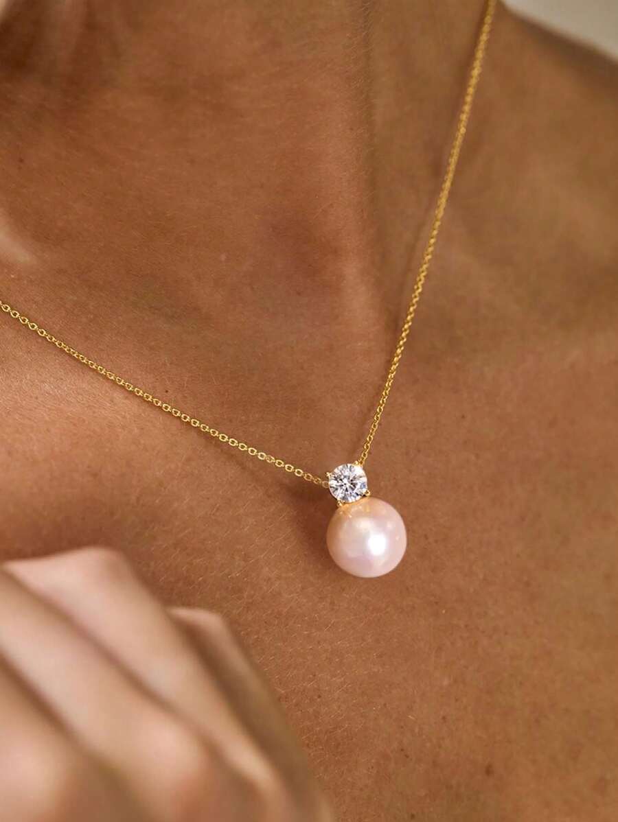 1pc Dainty Faux Pearl Zirconia Pendant Necklace Winter Sweater Necklace For Women S925 Sterling Silver Fine Ladies Jewelry Gift - White - View 1