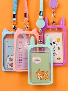 1pc Cartoon Cute Card Holder With Retractable Transparent Strap For Students, Silicone Material - Pink - View 4