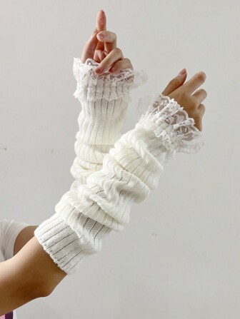 A Pair Of Women's White Lace Arm Covers, New Autumn And Winter Warm Knitted Knitted Black Gloves, Princess Style Arm Covers, Suitable For Dating/Daily Use Cold Gloves Valentine's Day Valentines