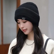 1頂男女通用黑色冬季針織帽,厚實滑雪無邊帽,保護耳朵,保暖,無邊,適用於戶外運動,彈性緊致 - 黑色 - 查看 6