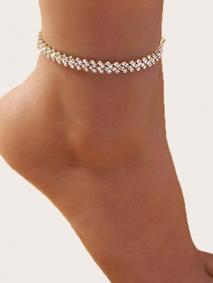 1pc Fashionable Asymmetric Rhinestone Set Anklet - Gold - View 1