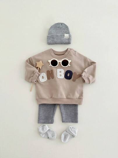 2pcs Baby Boys'' Letter Colorblock Embroidered Sweatshirt And Casual Pants Outfit, Lightweight Autumn