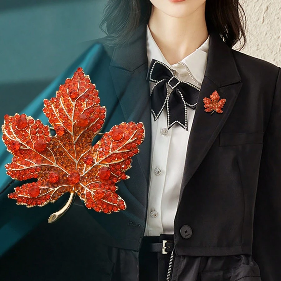 1入日韓風格彩繪楓葉女士胸針,鑲有鑽石的合金基座,適用於西裝,情人節/母親節/三八婦女節禮物,宴會裝飾 - z-7橘紅 - 查看 1