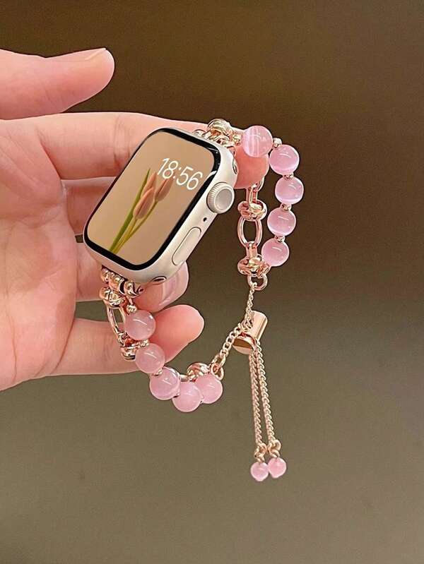 1 pièce Bracelet femme avec bande en métal et pierre œil de chat rose, compatible avec les montres Apple Ultra2/Ultra/SE/10/9/8/7/6/5/4/3/2/1 de 38/40/41/42/44/45/49/46 mm