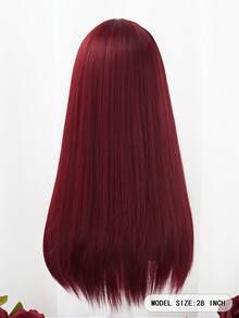 綜合纖維女士假髮28英寸酒紅色長直機器製造假髮帶瀏海,適用於日常、洛麗塔裝扮和角色扮演 - 酒紅色 - 查看 2