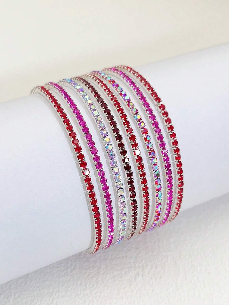 8pcs/Set Thin 2mm Crystal Beaded Bracelet, Minimalist Multi-Color Versatile Bracelets For Women, Suitable For Holiday, Party - Multicolor - View 1