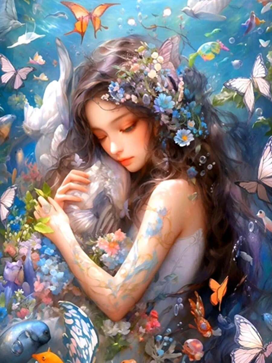 1 件 40x60 厘米海洋女孩蝴蝶 5D DIY 钻石画十字绣套件全圆钻石马赛克刺绣家居装饰礼物 - 彩色 - 查看 1