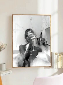 1個黑白印花牆藝術畫,浴缸中喝酒的女人,適用於女孩浴室裝飾,酒吧裝飾畫,無框帆布印刷 - 彩色 - 查看 1