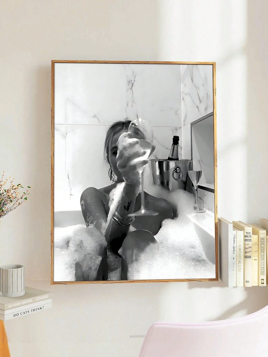 1個黑白印花牆藝術畫,浴缸中喝酒的女人,適用於女孩浴室裝飾,酒吧裝飾畫,無框帆布印刷 - 彩色 - 查看 1