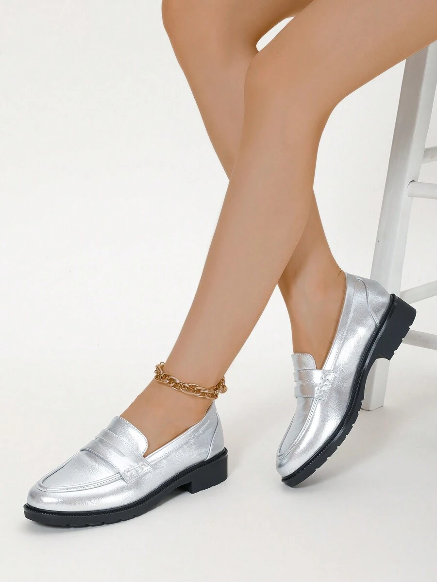 New Arrival Ladies' Silver Loafers, British Style Fashionable & Versatile Thick Soled Shoes - Silver - View 1