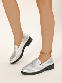 New Arrival Ladies' Silver Loafers, British Style Fashionable & Versatile Thick Soled Shoes - Silver - View 4