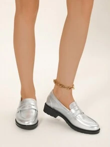 New Arrival Ladies' Silver Loafers, British Style Fashionable & Versatile Thick Soled Shoes - Silver - View 3