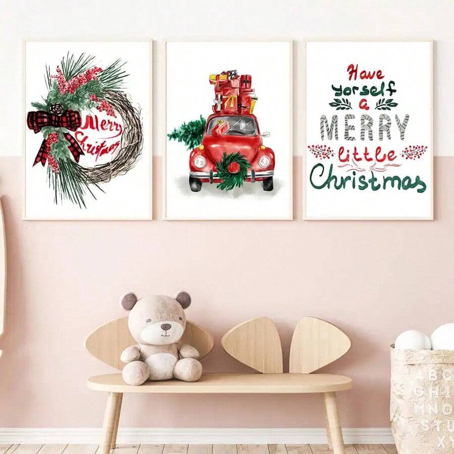 YIKES 3套卡通聖誕主題家居牆藝術裝飾畫,適用於兒童房間,聖誕禮物