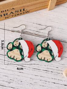 1對復古聖誕格子、狗掌、帽子形吊墜耳環,女性雙面木製聖誕耳飾