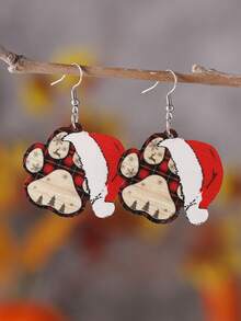 1對復古聖誕格子、狗掌、帽子形吊墜耳環,女性雙面木製聖誕耳飾
