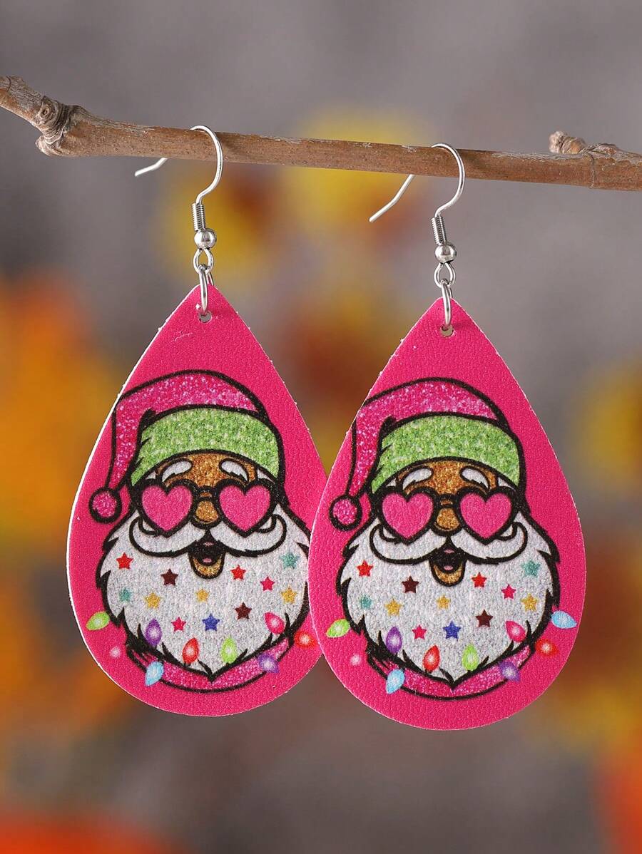 1 đôi Retro Giáng sinh Màu hồng Hình trái tim & Hình ngôi sao & Ông già Noen & Thiết kế hình giọt nước Vật rủ xuống Hoa tai Đối với phụ nữ , Tính hai mặt chất liệu da PU Giáng sinh Tai Đồ trang sức - Hồng - Xem 1