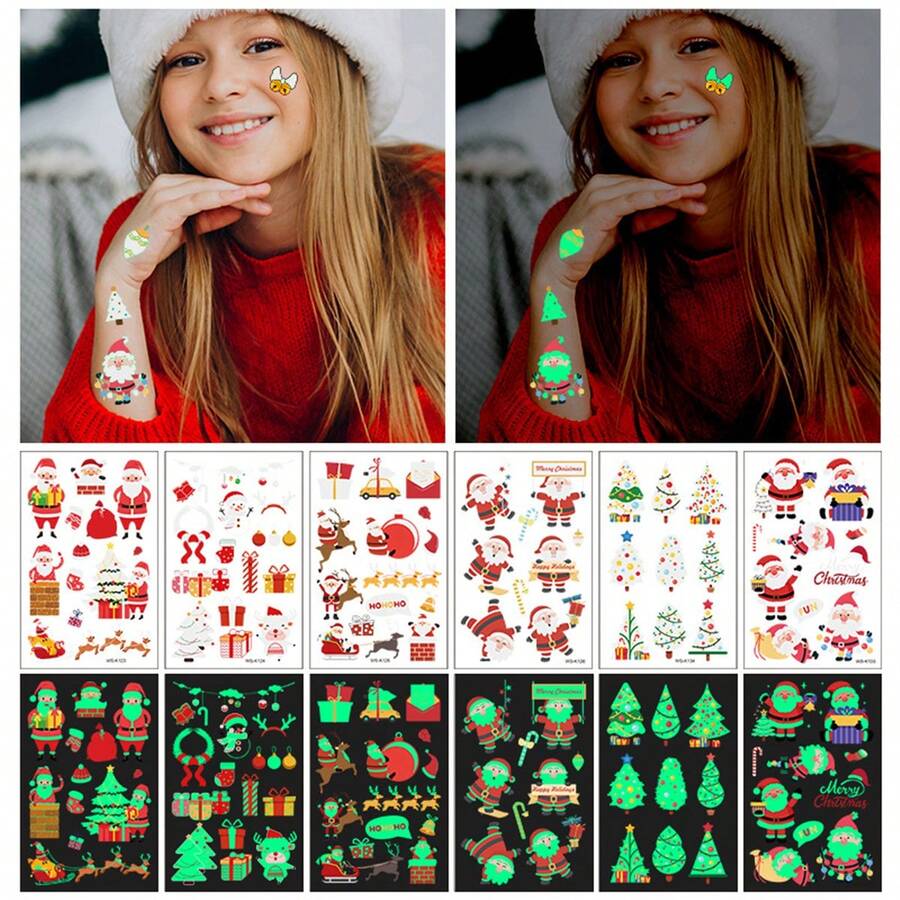 2 件隨機聖誕夜發光臨時紋身貼紙適用於防水防汗兒童臉部身體,節日裝飾 - 彩色 - 查看 1