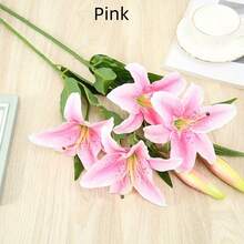 2 件装塑料百合花，带叶子、花蕾，适用于装饰、家居装饰、花园、客厅、办公室、情人节、母亲节礼物