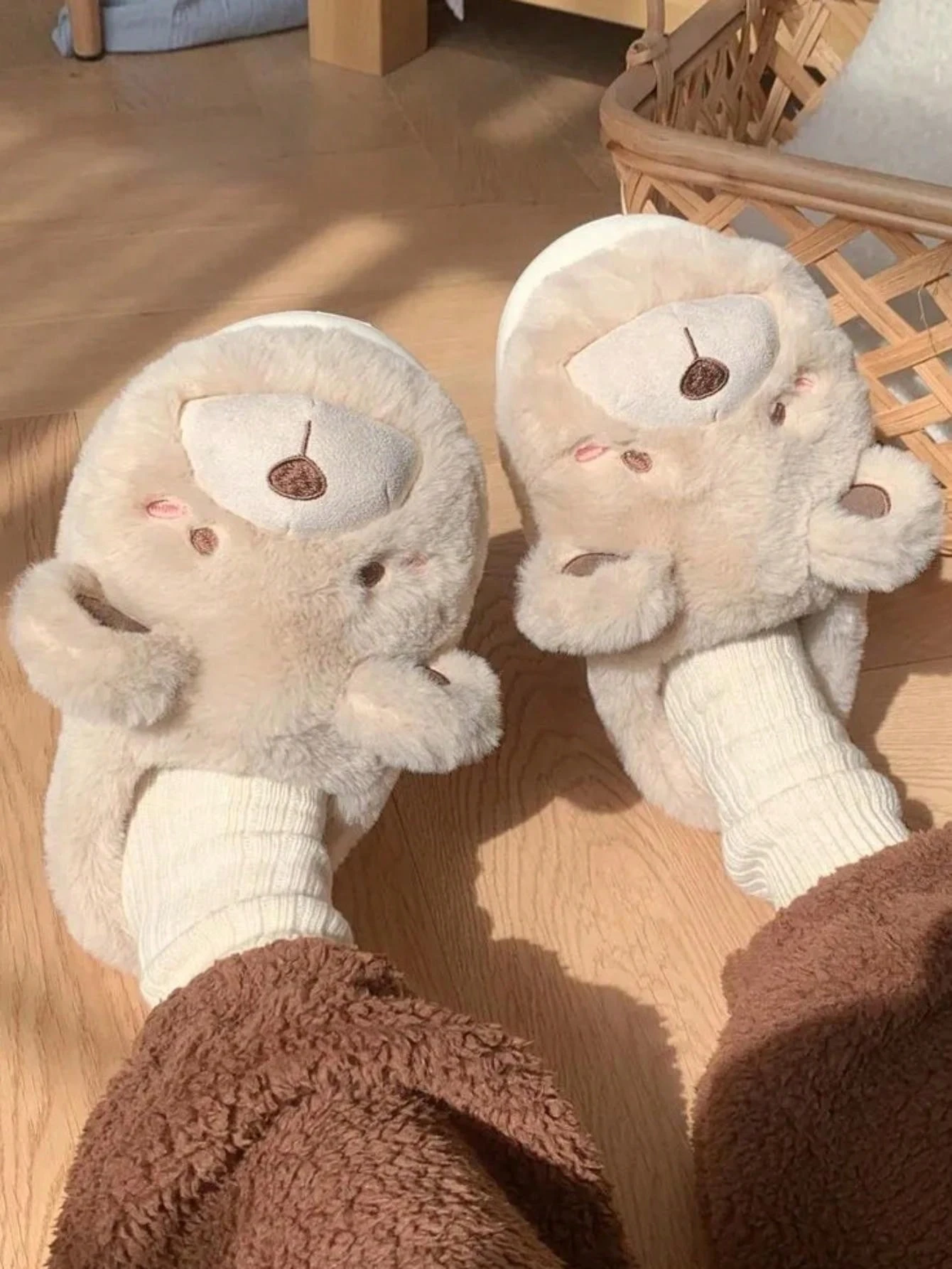 Damen Winter süße Khaki Bär Anti-Rutsch dicke Sohle Hausschuhe mit ...